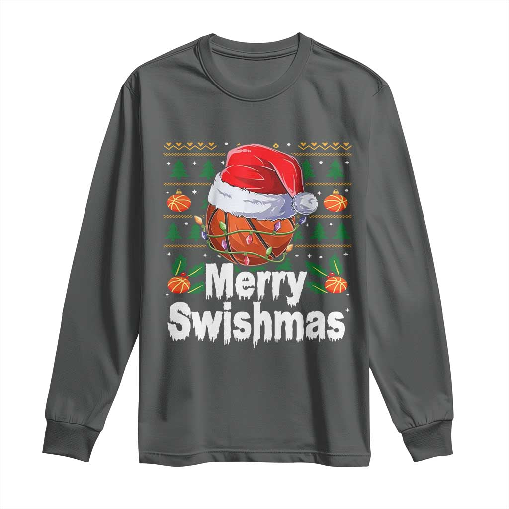 Basketball Christmas Long Sleeve Shirt Funny Merry Swishmas Sports TS12 Dark Heather Print Your Wear
