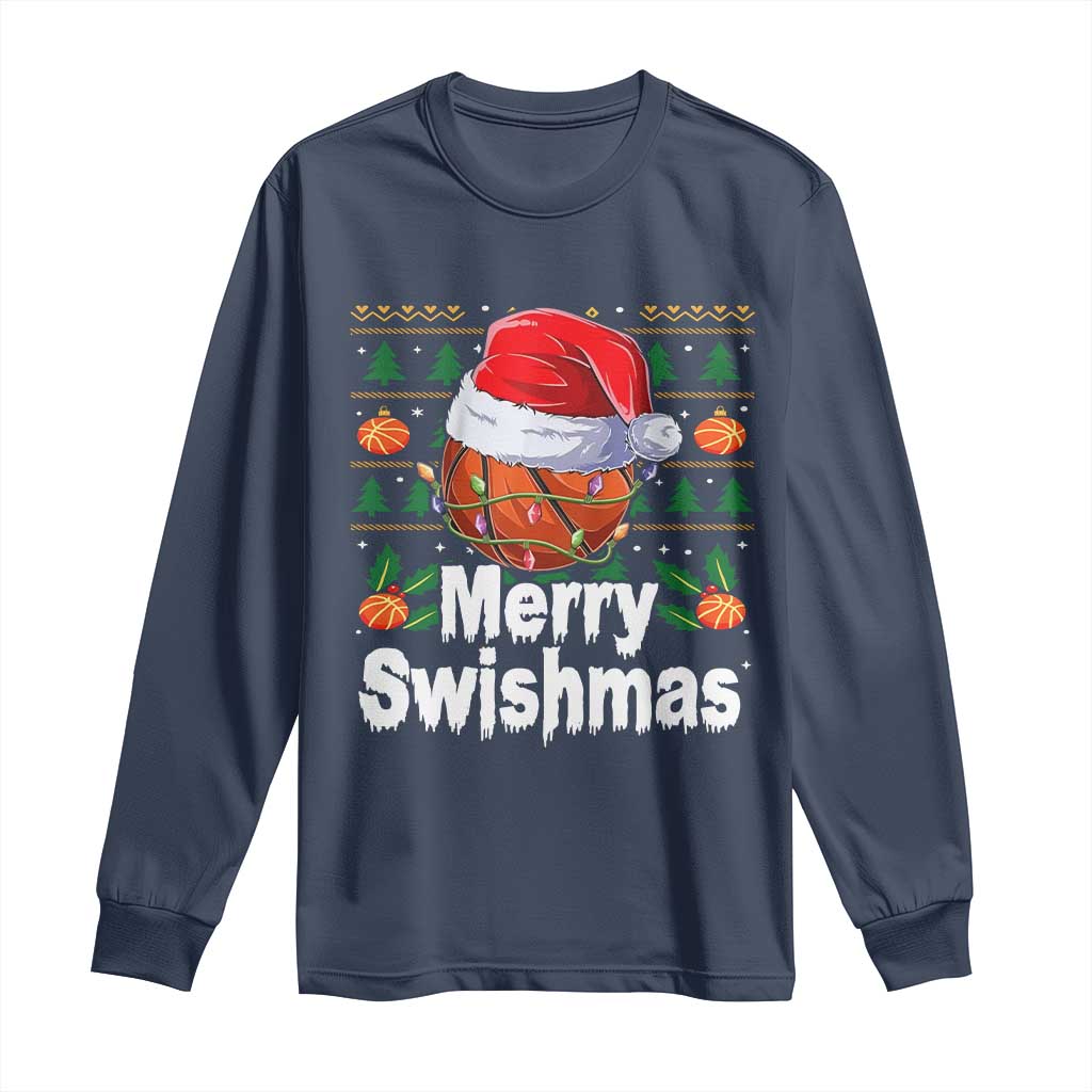 Basketball Christmas Long Sleeve Shirt Funny Merry Swishmas Sports TS12 Navy Print Your Wear