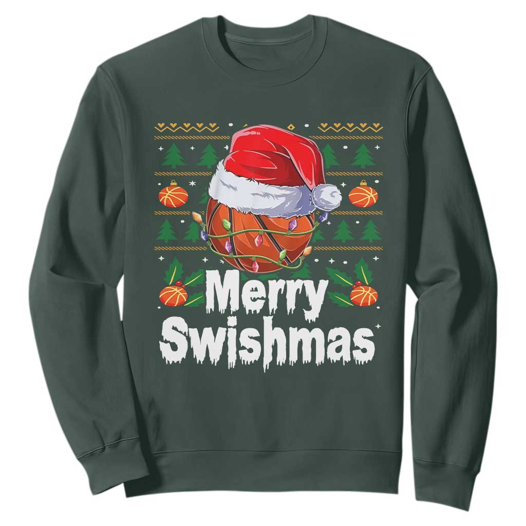 Basketball Christmas Sweatshirt Funny Merry Swishmas Sports TS12 Dark Forest Green Print Your Wear