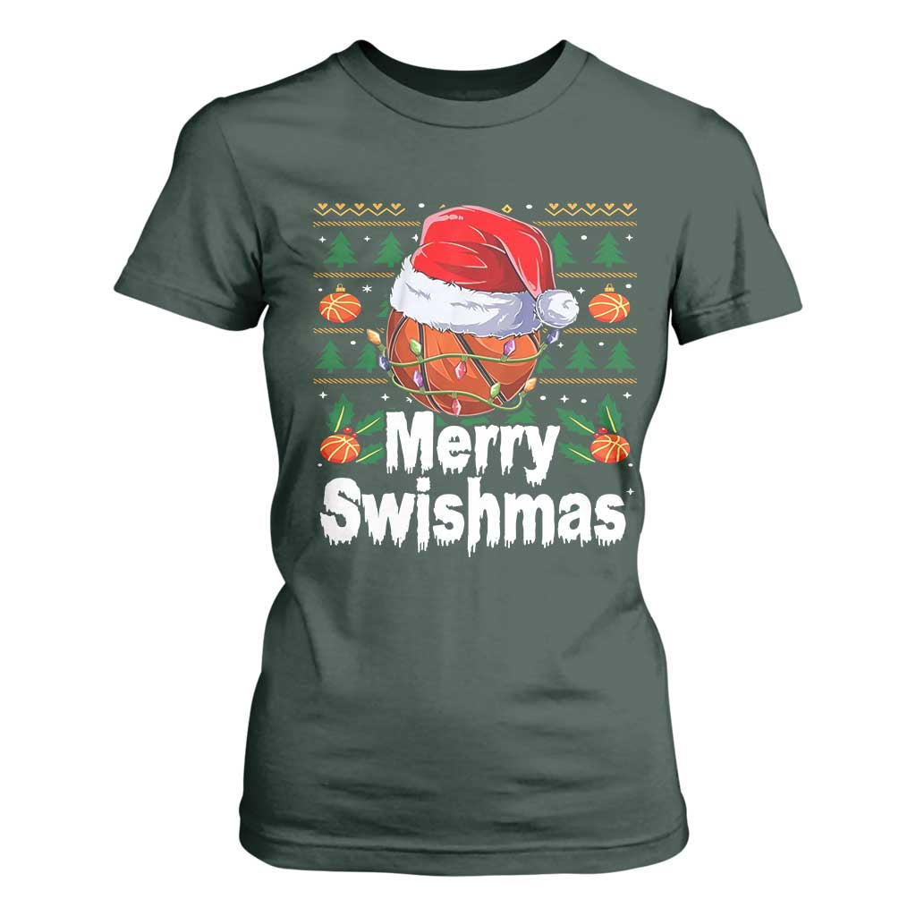 Basketball Christmas T Shirt For Women Funny Merry Swishmas Sports TS12 Dark Forest Green Print Your Wear