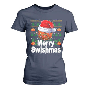 Basketball Christmas T Shirt For Women Funny Merry Swishmas Sports TS12 Navy Print Your Wear