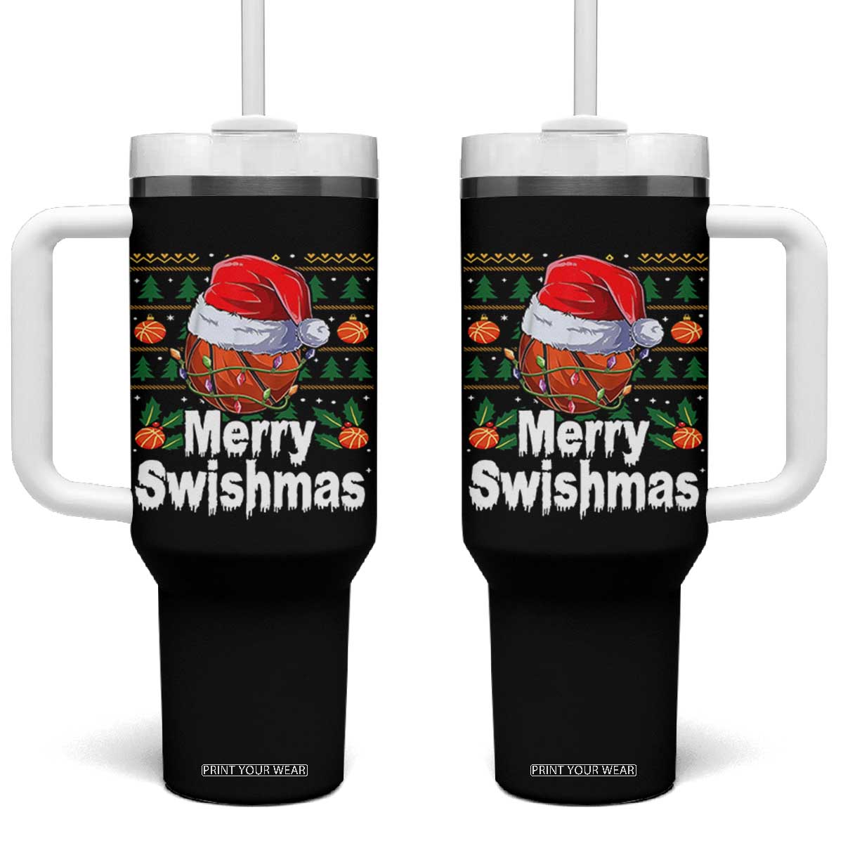 Basketball Christmas Tumbler With Handle Funny Merry Swishmas Sports TS12 One Size: 40 oz Black Print Your Wear