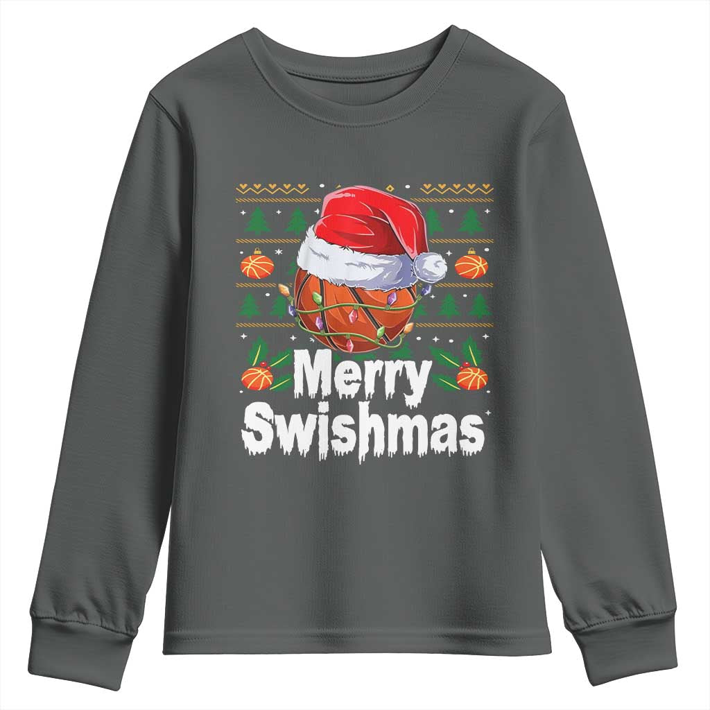 Basketball Christmas Youth Sweatshirt Funny Merry Swishmas Sports TS12 Dark Heather Print Your Wear