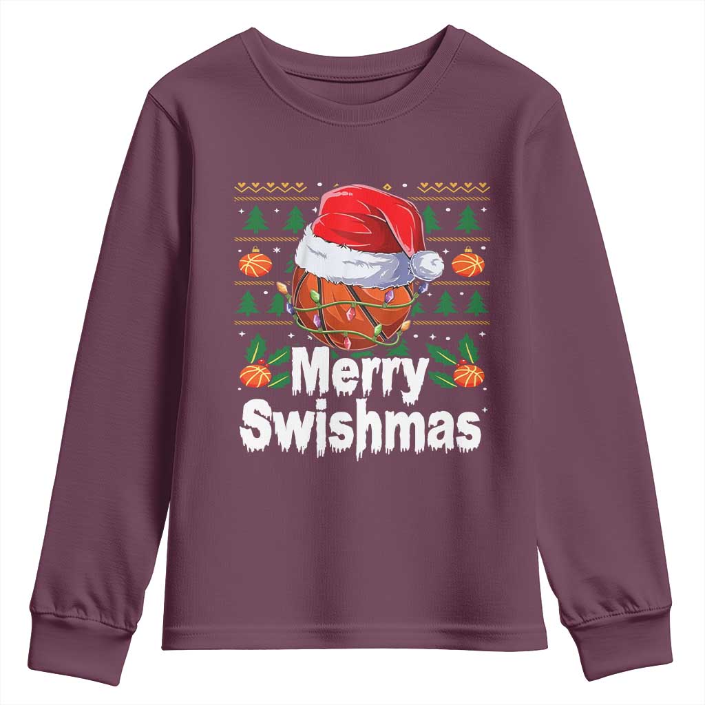 Basketball Christmas Youth Sweatshirt Funny Merry Swishmas Sports TS12 Maroon Print Your Wear