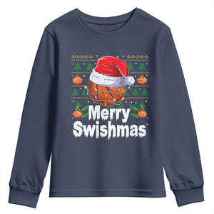 Basketball Christmas Youth Sweatshirt Funny Merry Swishmas Sports TS12 Navy Print Your Wear