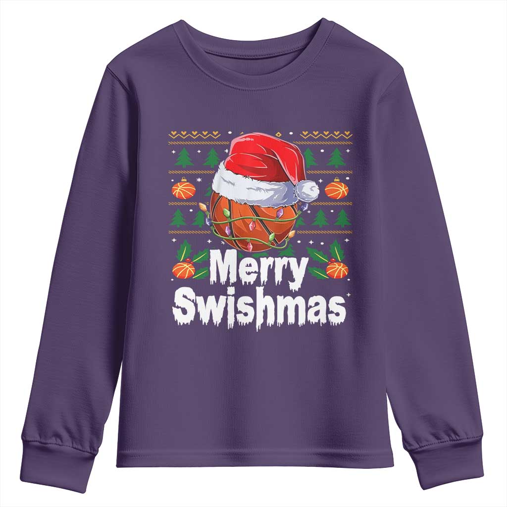 Basketball Christmas Youth Sweatshirt Funny Merry Swishmas Sports TS12 Purple Print Your Wear