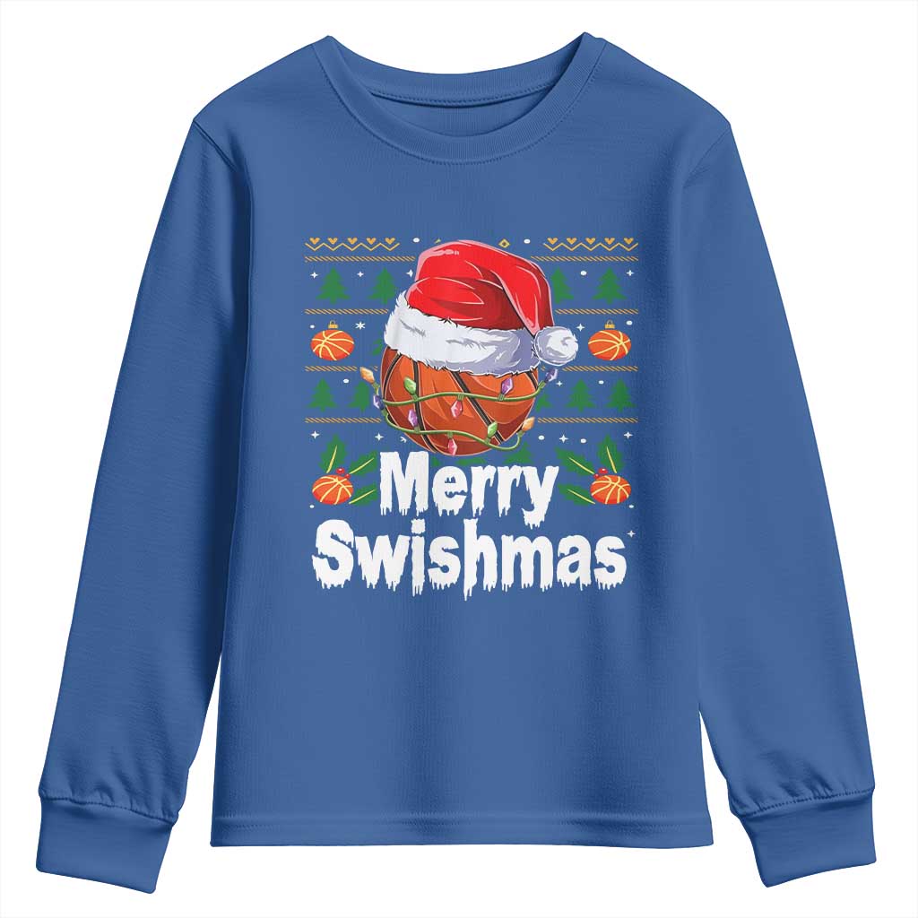 Basketball Christmas Youth Sweatshirt Funny Merry Swishmas Sports TS12 Royal Blue Print Your Wear
