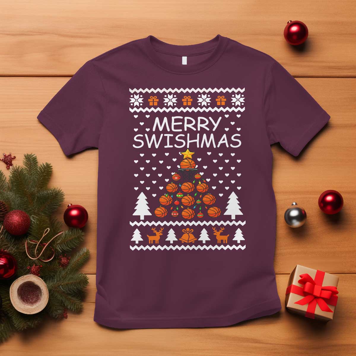 Basketball Merry Swishmas T Shirt Christmas Tree Sports TS12 Maroon Print Your Wear
