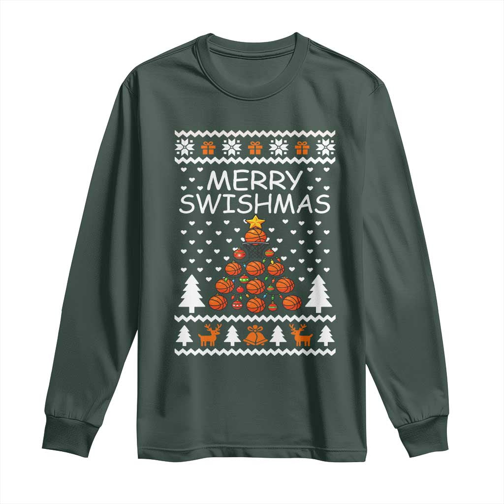 Basketball Merry Swishmas Long Sleeve Shirt Christmas Tree Sports TS12 Dark Forest Green Print Your Wear