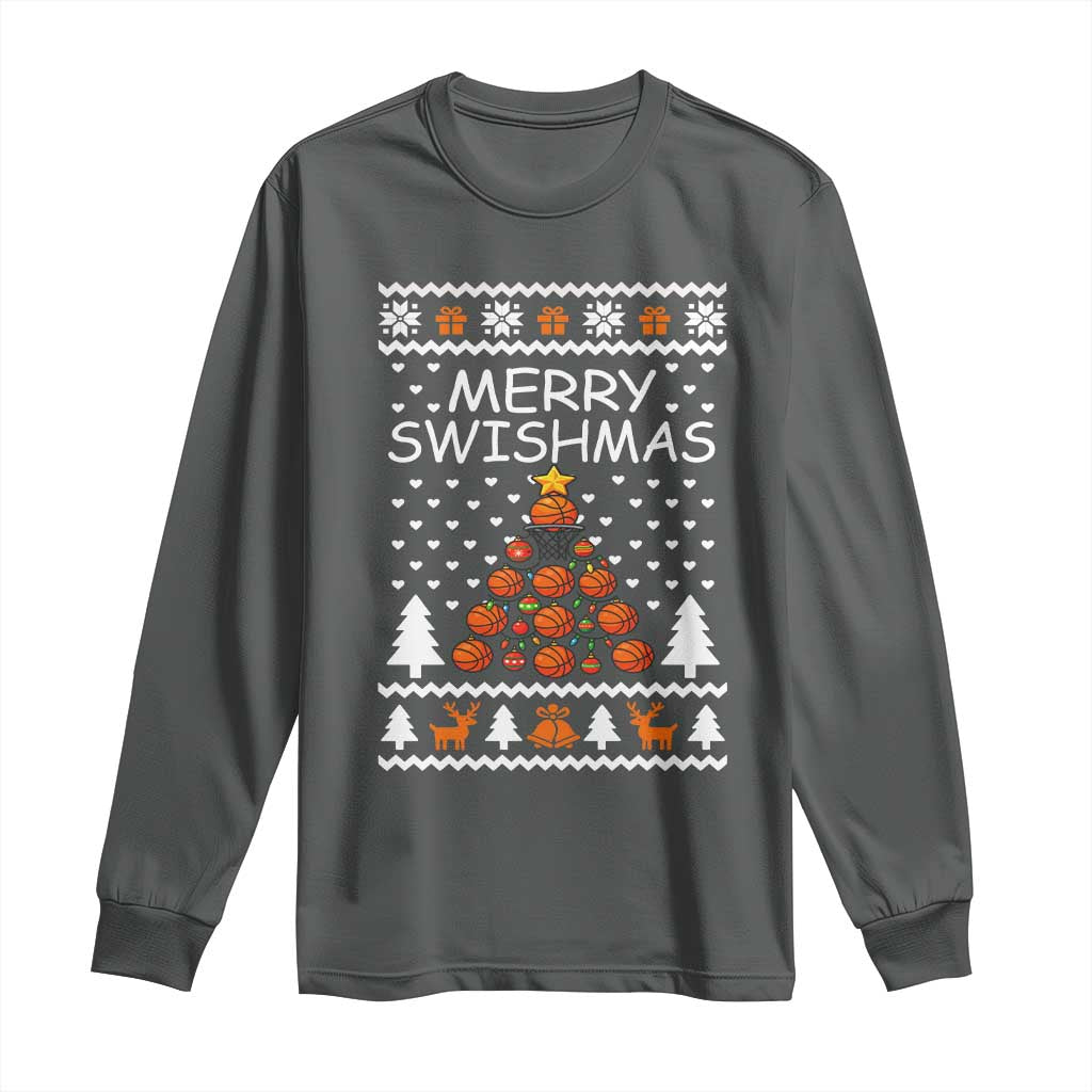 Basketball Merry Swishmas Long Sleeve Shirt Christmas Tree Sports TS12 Dark Heather Print Your Wear
