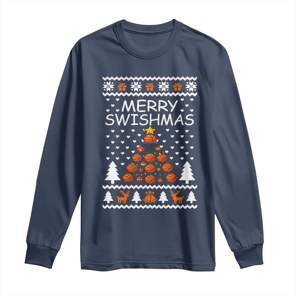 Basketball Merry Swishmas Long Sleeve Shirt Christmas Tree Sports TS12 Navy Print Your Wear
