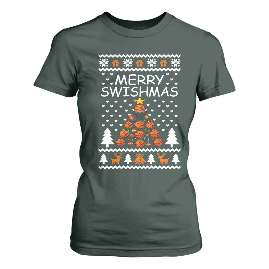 Basketball Merry Swishmas T Shirt For Women Christmas Tree Sports TS12 Dark Forest Green Print Your Wear