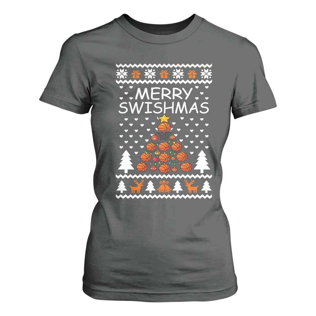 Basketball Merry Swishmas T Shirt For Women Christmas Tree Sports TS12 Dark Heather Print Your Wear