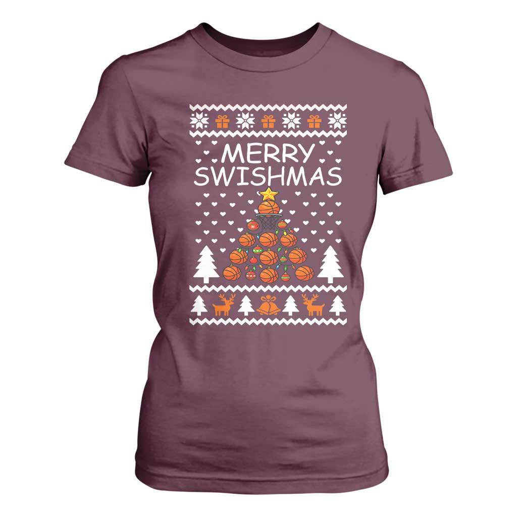 Basketball Merry Swishmas T Shirt For Women Christmas Tree Sports TS12 Maroon Print Your Wear
