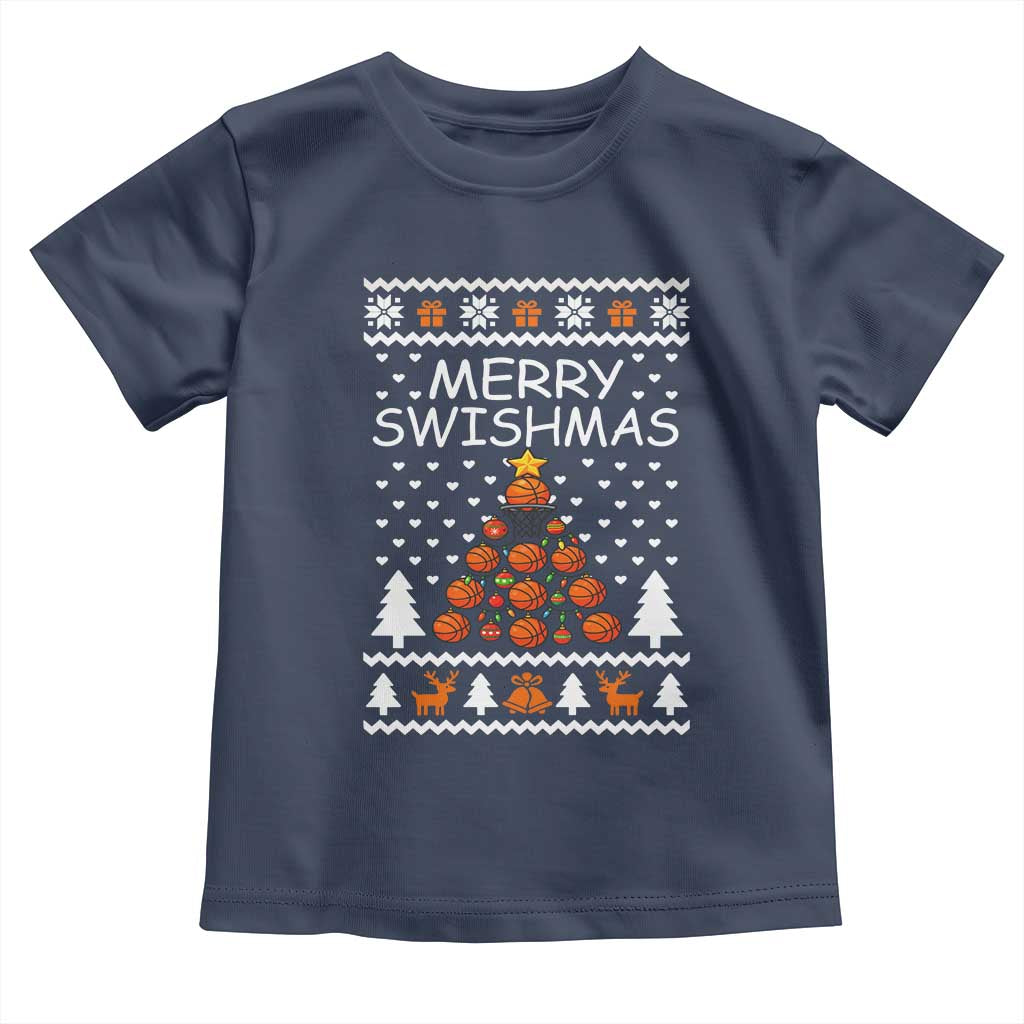 Basketball Merry Swishmas Toddler T Shirt Christmas Tree Sports TS12 Navy Print Your Wear