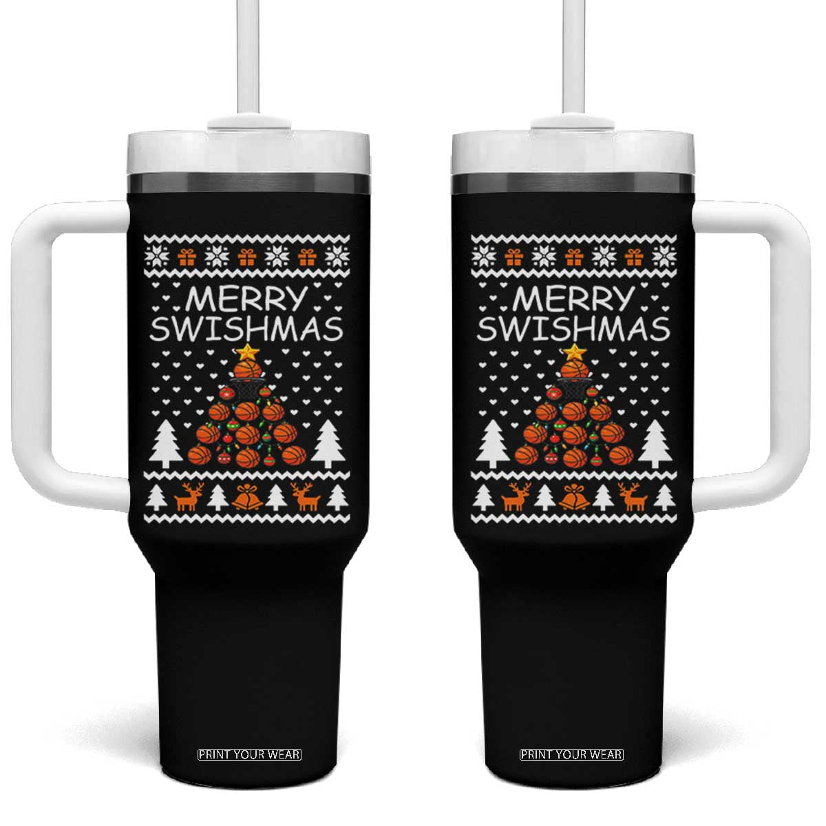 Basketball Merry Swishmas Tumbler With Handle Christmas Tree Sports TS12 One Size: 40 oz Black Print Your Wear