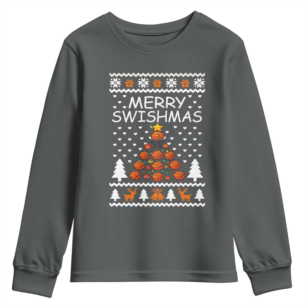 Basketball Merry Swishmas Youth Sweatshirt Christmas Tree Sports TS12 Dark Heather Print Your Wear