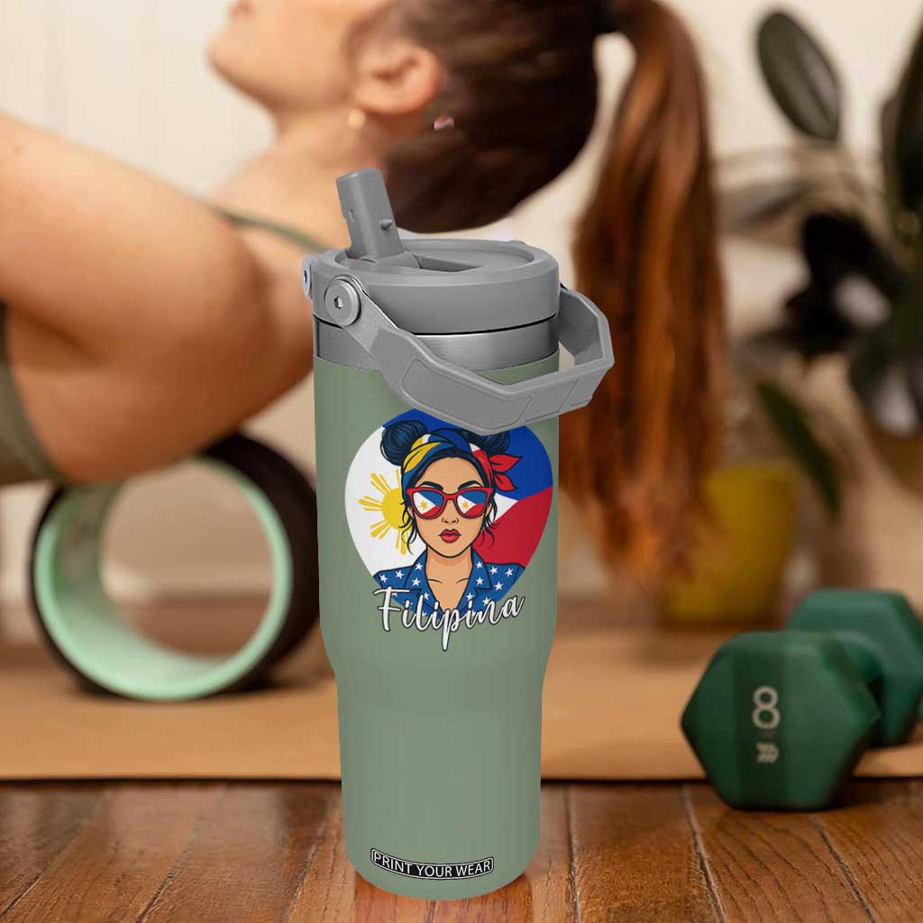 Philippines Girl Flip Straw Tumbler Filipina Philippines Flag Filipino Pride TS12 One Size: 30 oz Moss Green Print Your Wear