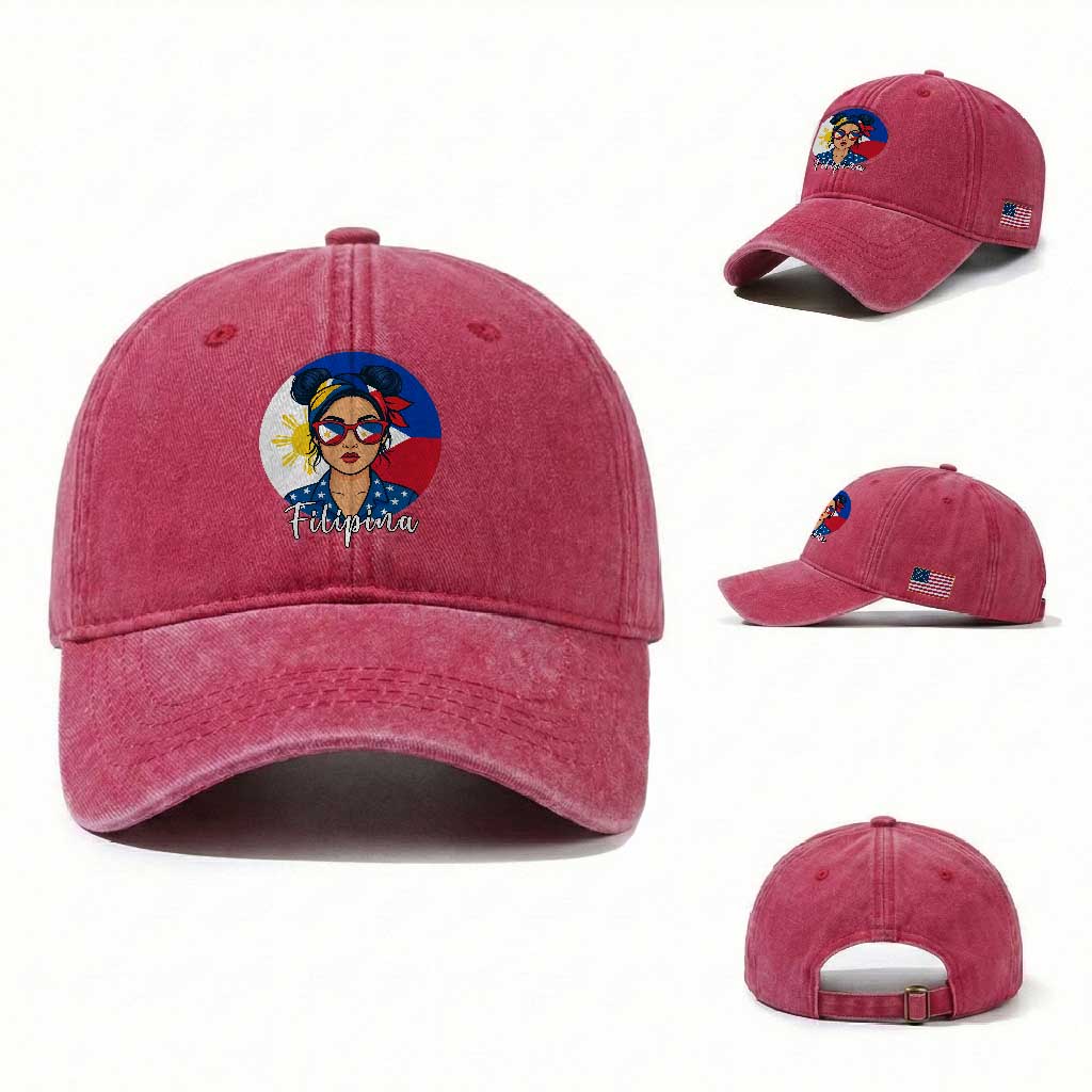 Philippines Girl Filipina Washed Cotton Baseball Cap Flag Filipino Pride TS12 Washed Cap Universal Fit Red Print Your Wear