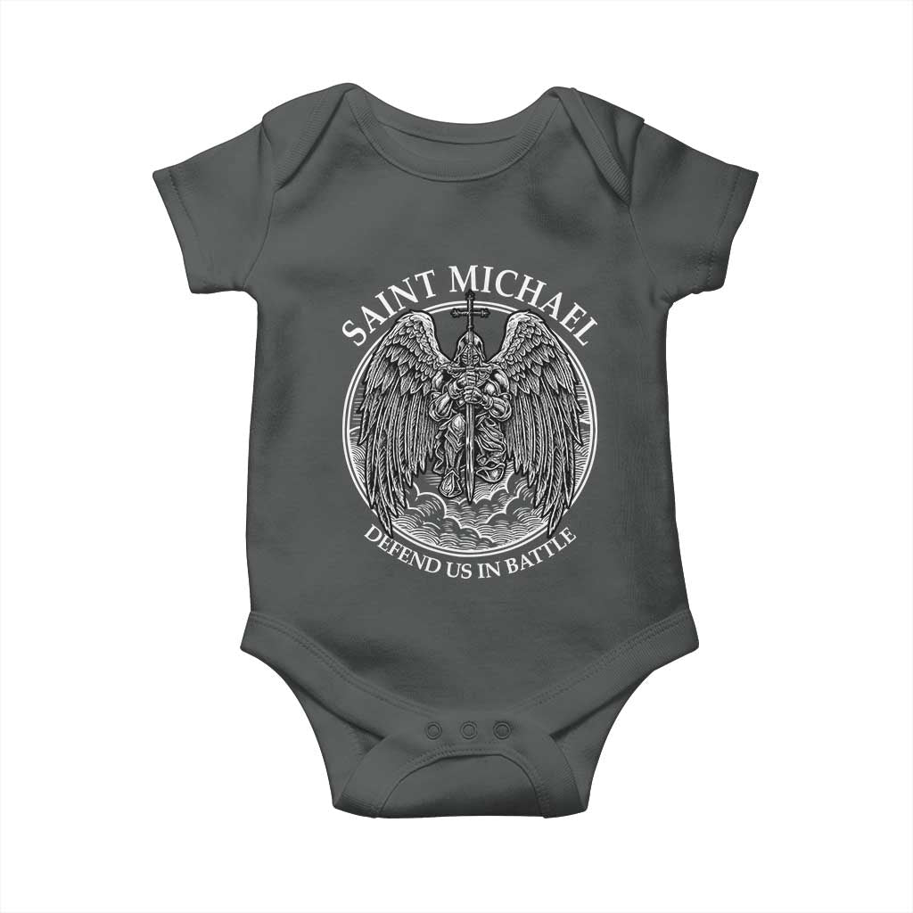 Saint Michael The Archangel Baby Onesie Defend Us In Battle Christian Faith TS12 Dark Heather Print Your Wear