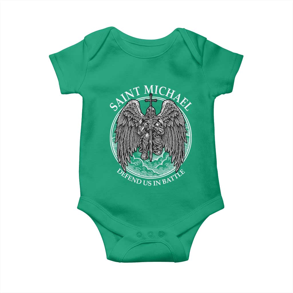 Saint Michael The Archangel Baby Onesie Defend Us In Battle Christian Faith TS12 Irish Green Print Your Wear