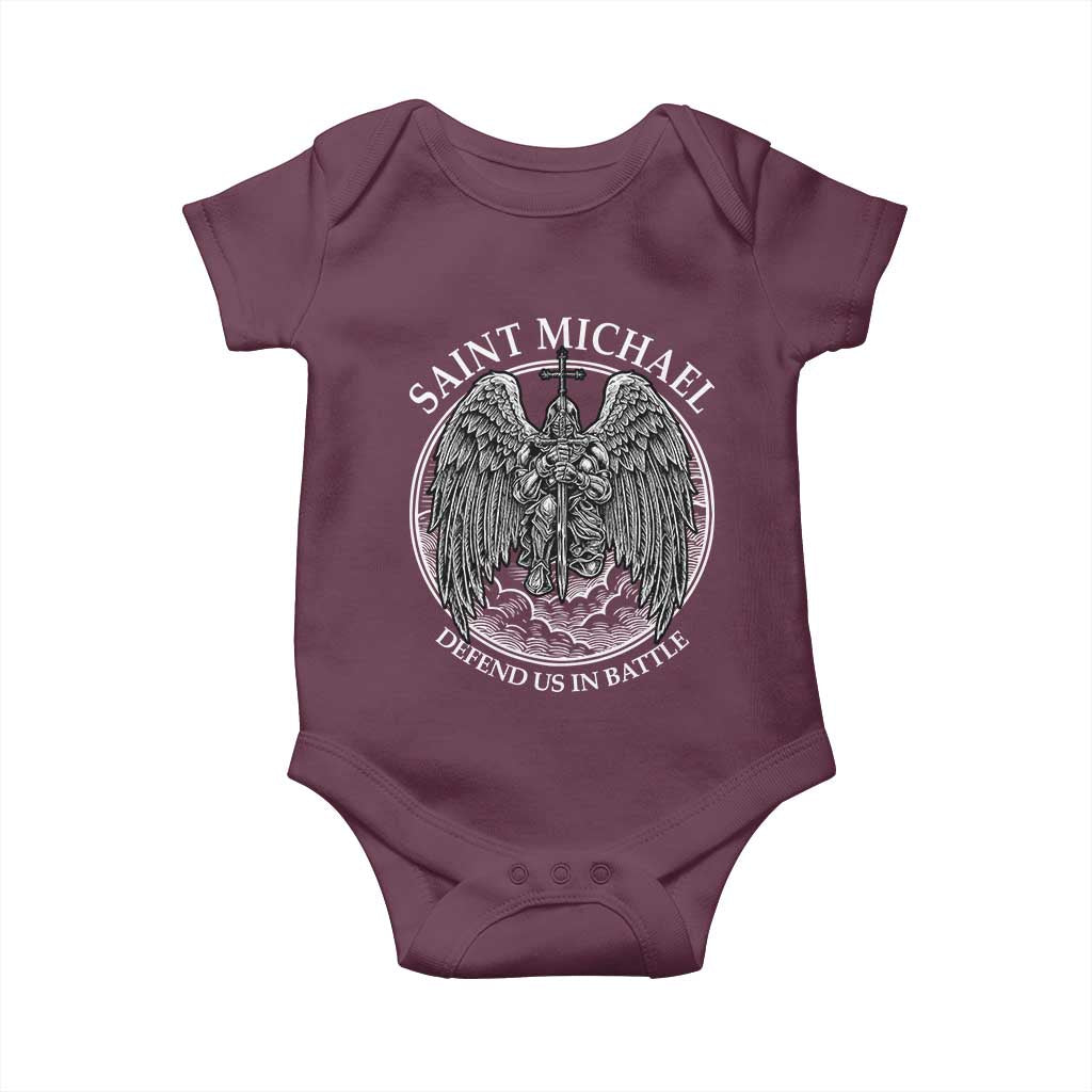 Saint Michael The Archangel Baby Onesie Defend Us In Battle Christian Faith TS12 Maroon Print Your Wear
