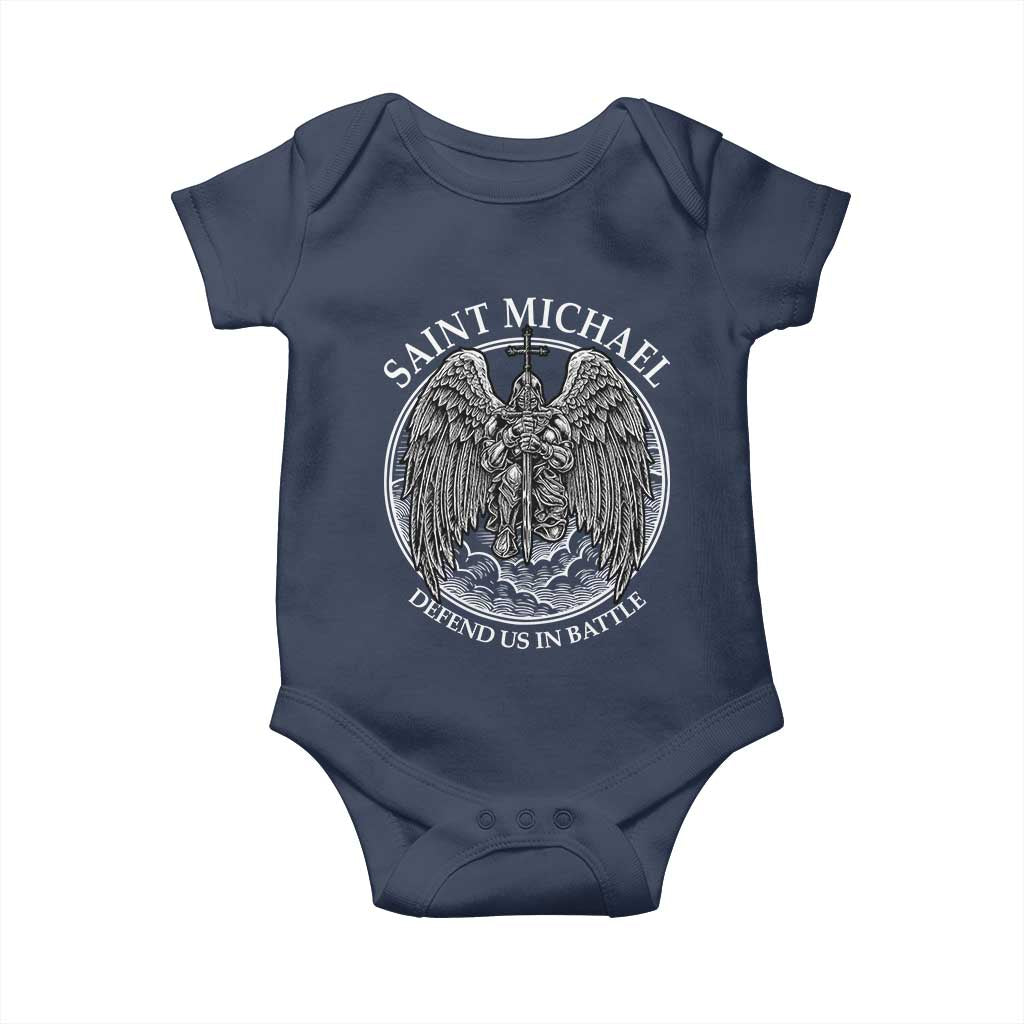 Saint Michael The Archangel Baby Onesie Defend Us In Battle Christian Faith TS12 Navy Print Your Wear