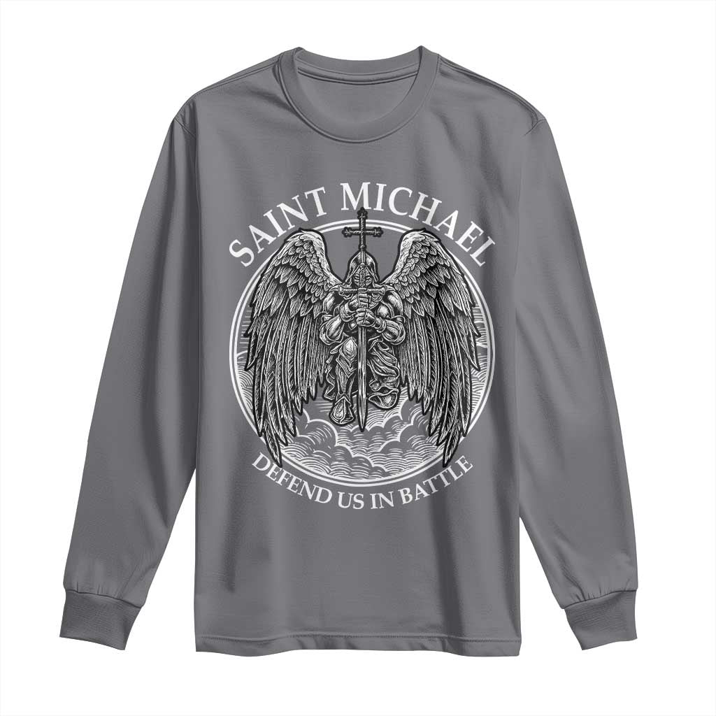 Saint Michael The Archangel Long Sleeve Shirt Defend Us In Battle Christian Faith TS12 Charcoal Print Your Wear