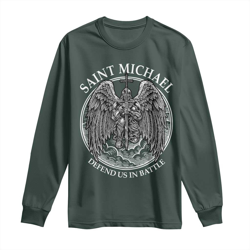 Saint Michael The Archangel Long Sleeve Shirt Defend Us In Battle Christian Faith TS12 Dark Forest Green Print Your Wear