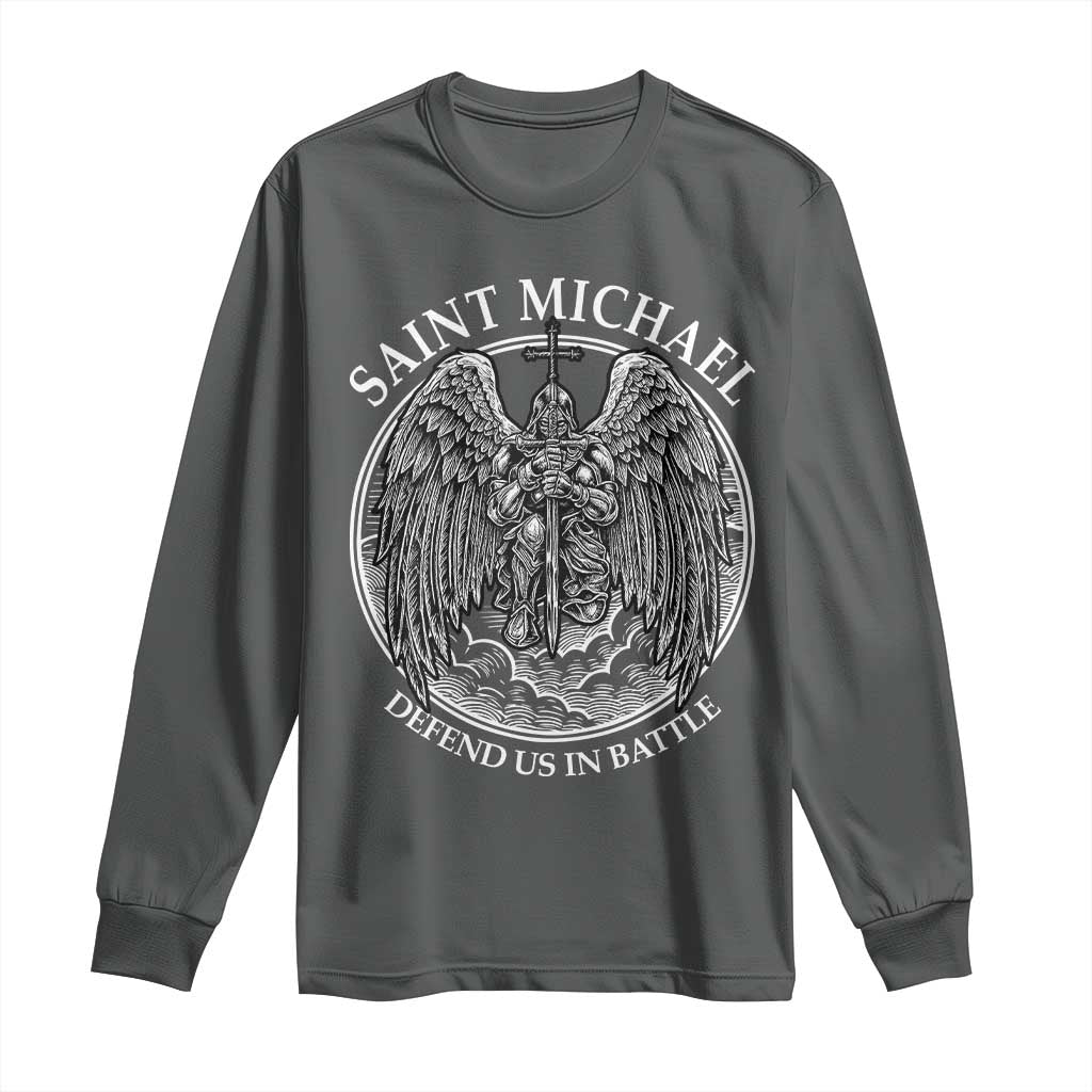 Saint Michael The Archangel Long Sleeve Shirt Defend Us In Battle Christian Faith TS12 Dark Heather Print Your Wear