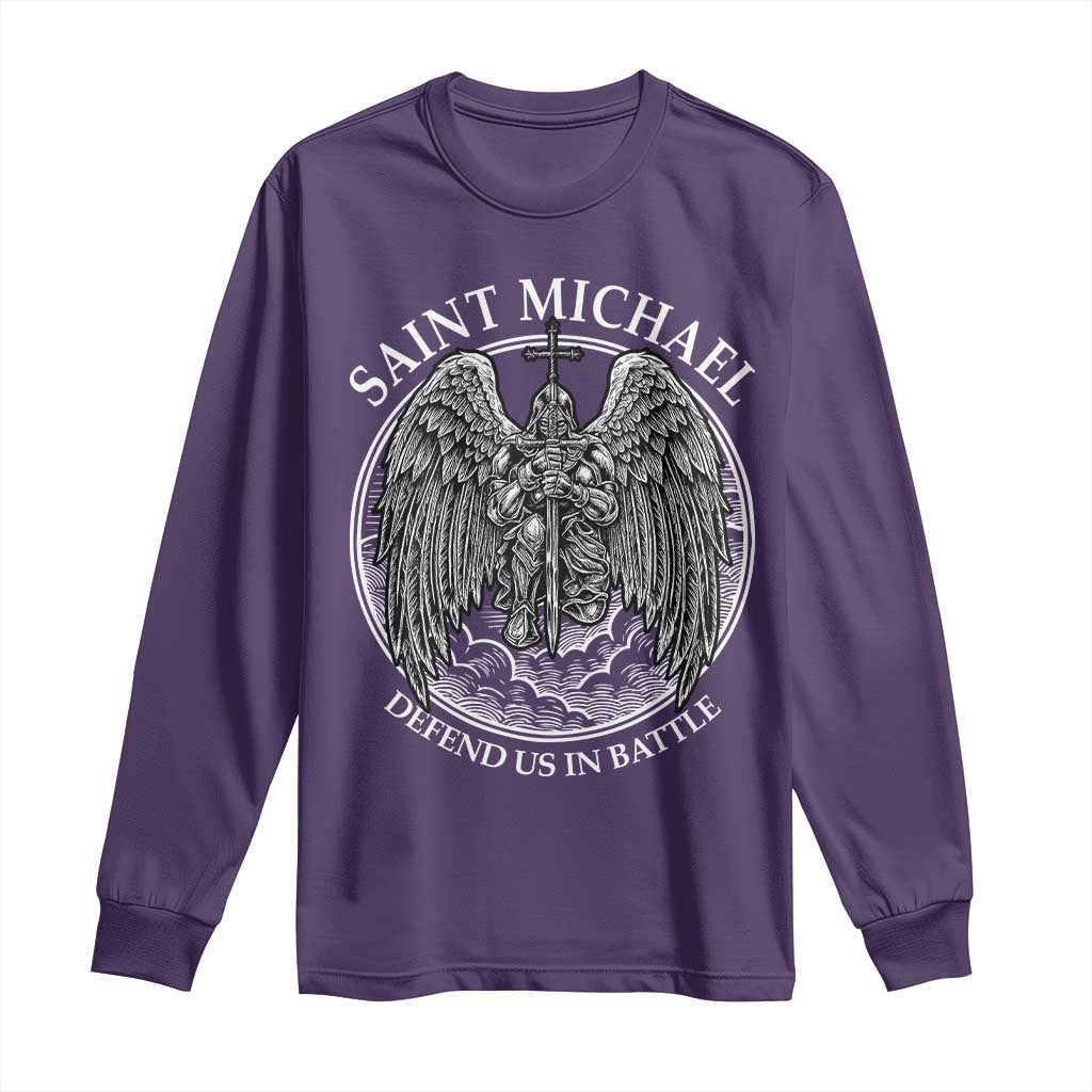 Saint Michael The Archangel Long Sleeve Shirt Defend Us In Battle Christian Faith TS12 Purple Print Your Wear