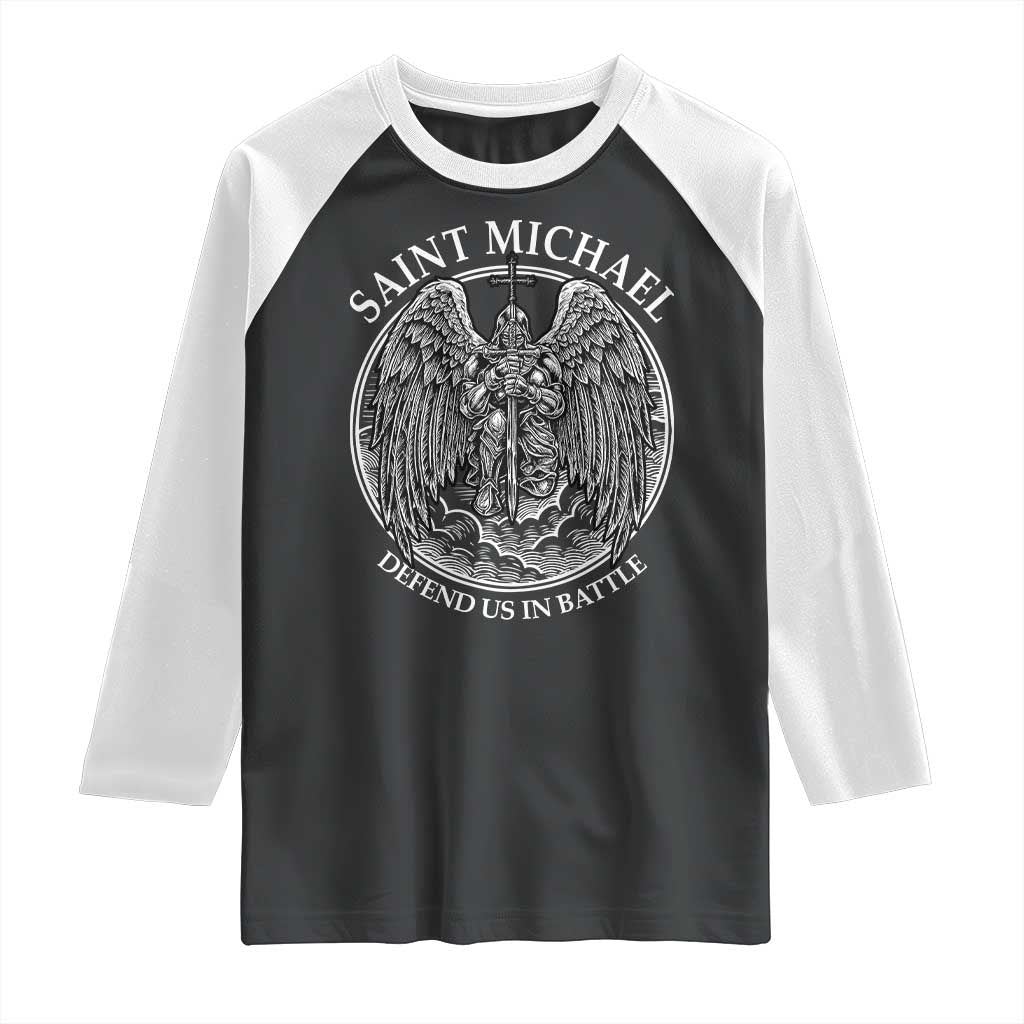 Saint Michael The Archangel Raglan Shirt Defend Us In Battle Christian Faith TS12 Black White Print Your Wear