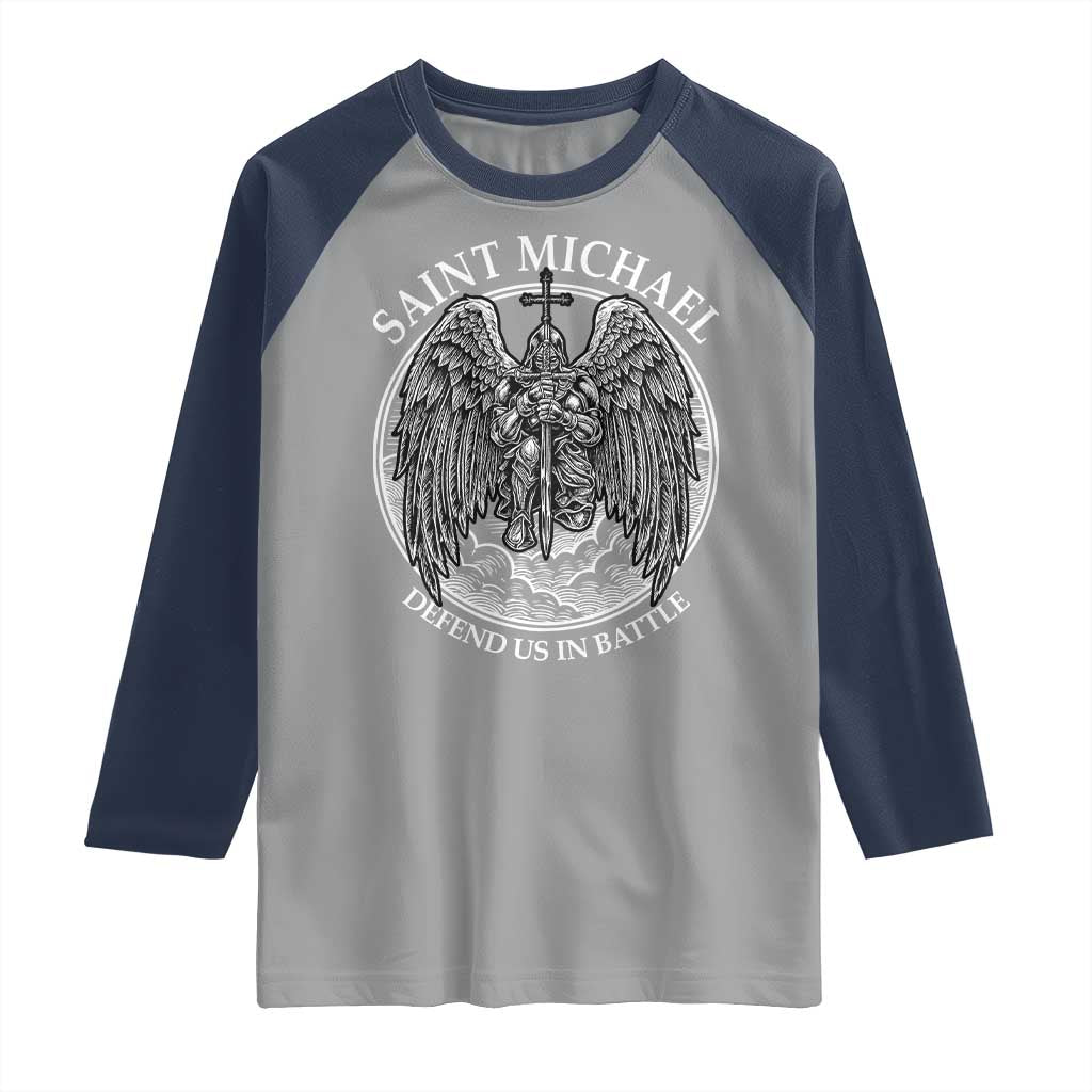 Saint Michael The Archangel Raglan Shirt Defend Us In Battle Christian Faith TS12 Sport Gray Navy Print Your Wear