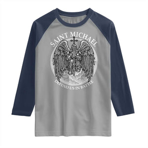 Saint Michael The Archangel Raglan Shirt Defend Us In Battle Christian Faith TS12 Sport Gray Navy Print Your Wear