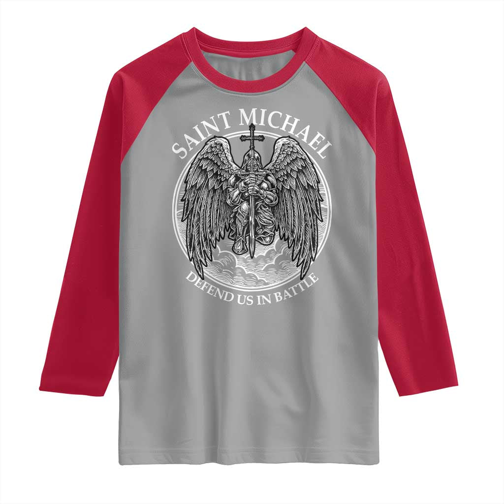 Saint Michael The Archangel Raglan Shirt Defend Us In Battle Christian Faith TS12 Sport Gray Red Print Your Wear