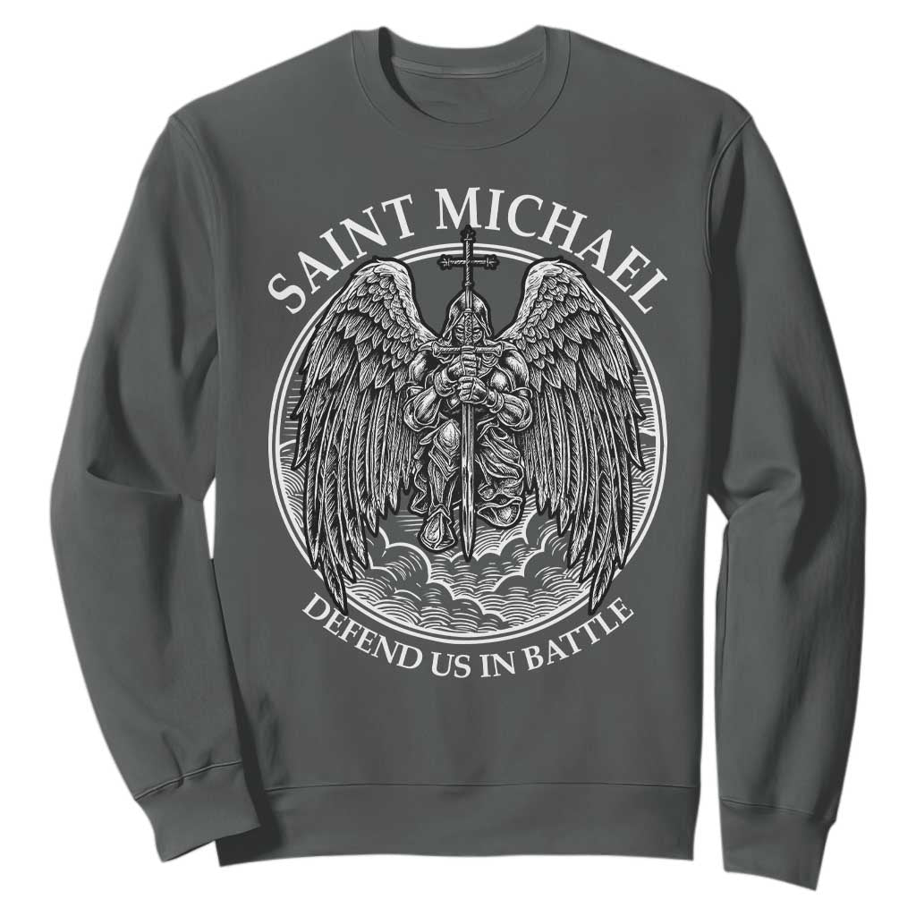 Saint Michael The Archangel Sweatshirt Defend Us In Battle Christian Faith TS12 Dark Heather Print Your Wear