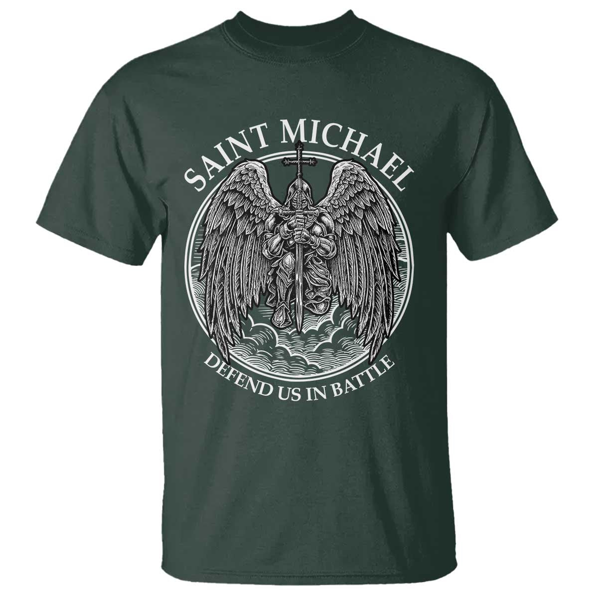 Saint Michael The Archangel T Shirt Defend Us In Battle Christian Faith TS12 Dark Forest Green Print Your Wear