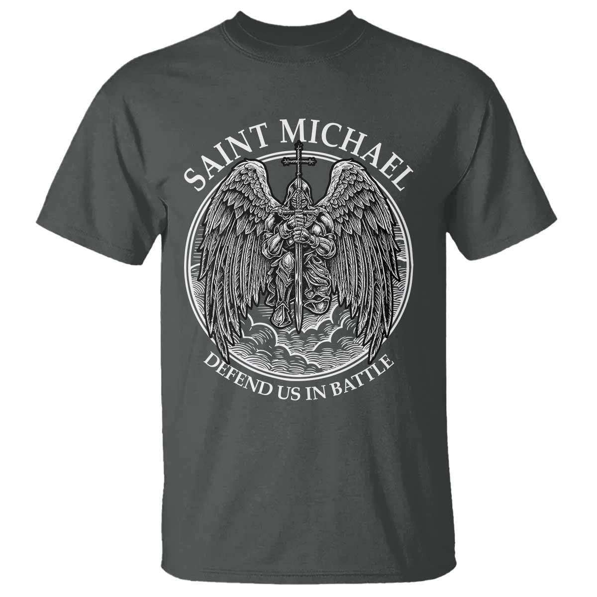 Saint Michael The Archangel T Shirt Defend Us In Battle Christian Faith TS12 Dark Heather Print Your Wear