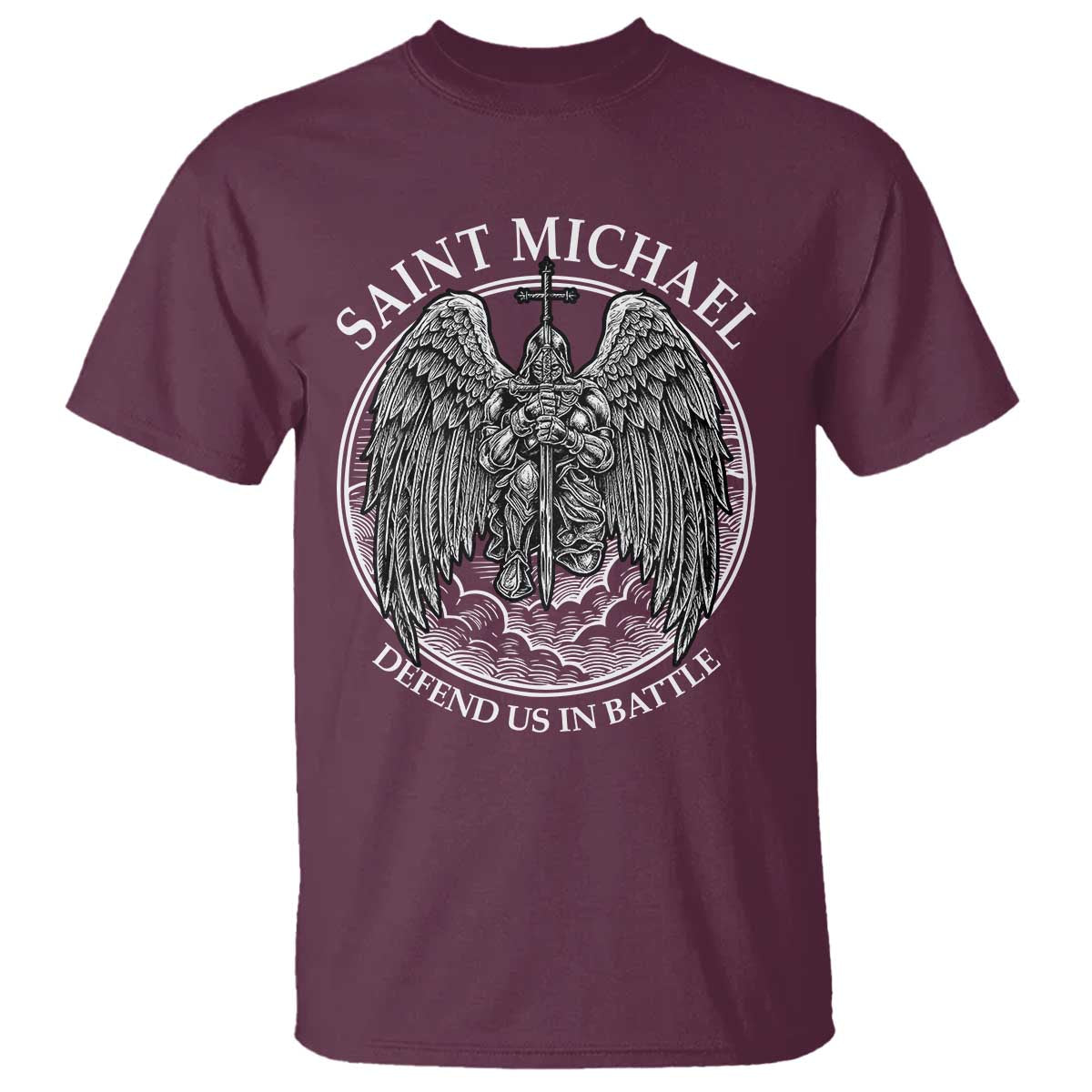 Saint Michael The Archangel T Shirt Defend Us In Battle Christian Faith TS12 Maroon Print Your Wear