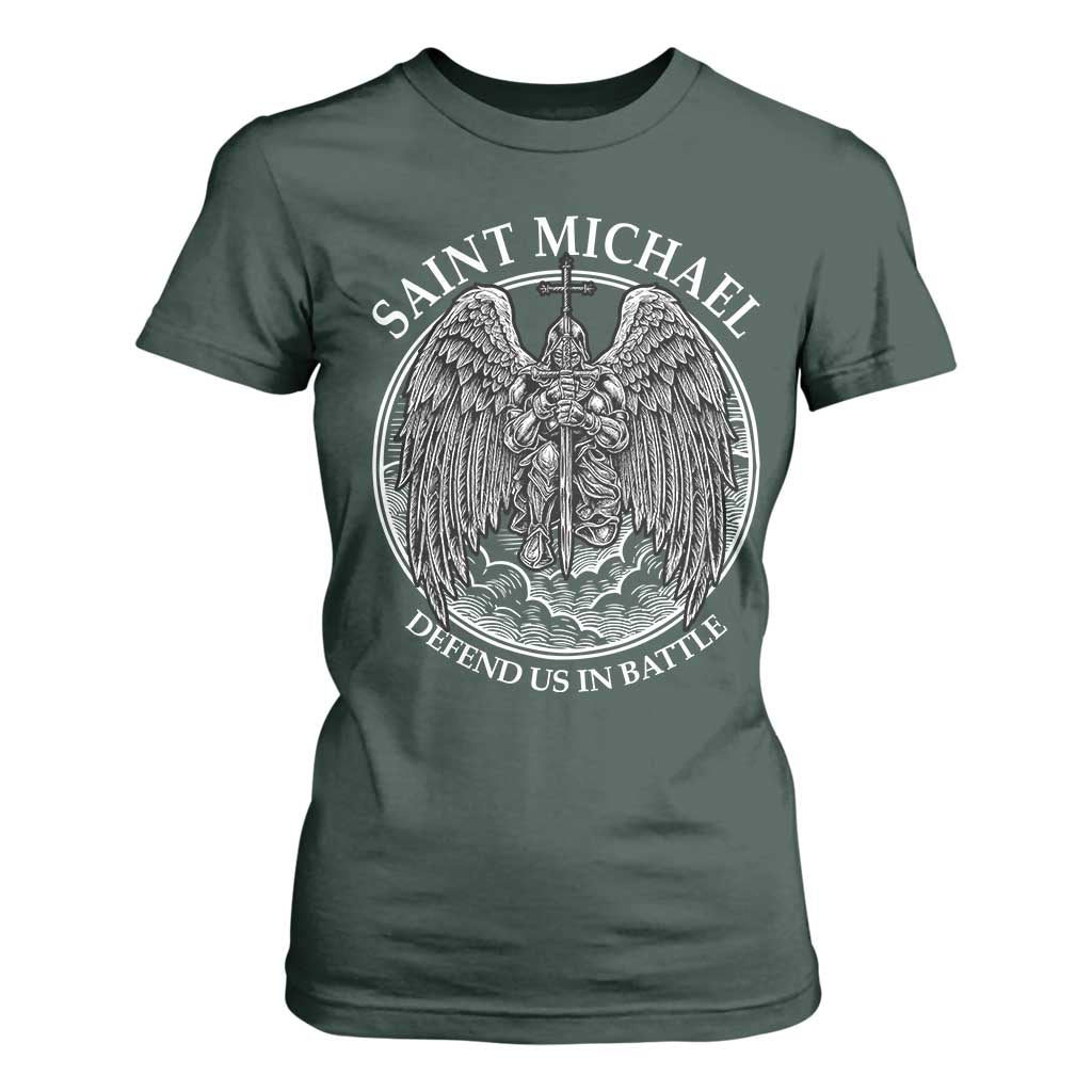Saint Michael The Archangel T Shirt For Women Defend Us In Battle Christian Faith TS12 Dark Forest Green Print Your Wear