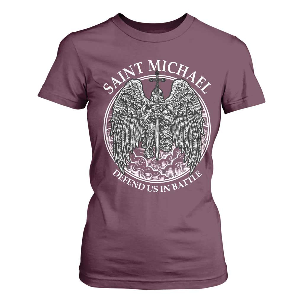 Saint Michael The Archangel T Shirt For Women Defend Us In Battle Christian Faith TS12 Maroon Print Your Wear