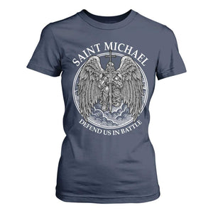 Saint Michael The Archangel T Shirt For Women Defend Us In Battle Christian Faith TS12 Navy Print Your Wear