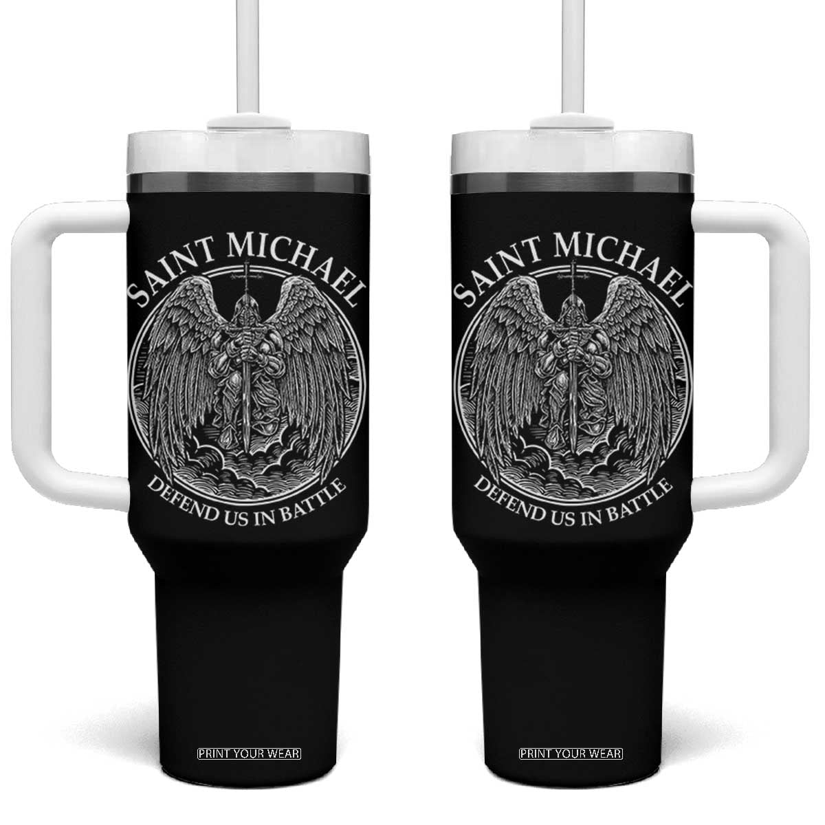 Saint Michael The Archangel Tumbler With Handle Defend Us In Battle Christian Faith TS12 One Size: 40 oz Black Print Your Wear