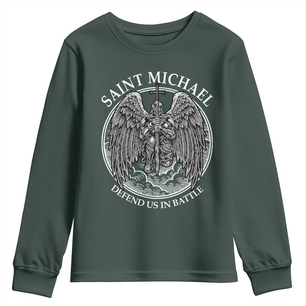 Saint Michael The Archangel Youth Sweatshirt Defend Us In Battle Christian Faith TS12 Dark Forest Green Print Your Wear