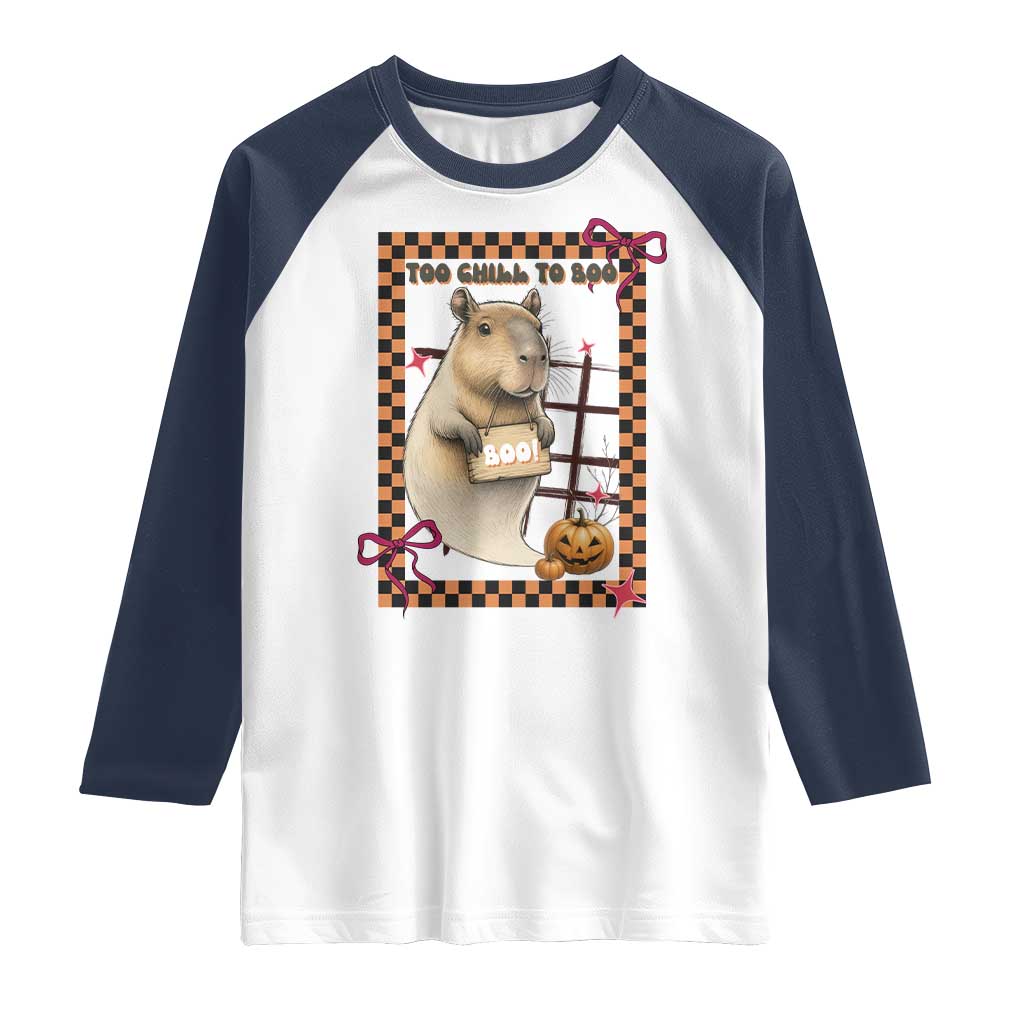 Halloween Capybara Raglan Shirt Funny Too Chill To Boo TS12 White Navy Print Your Wear