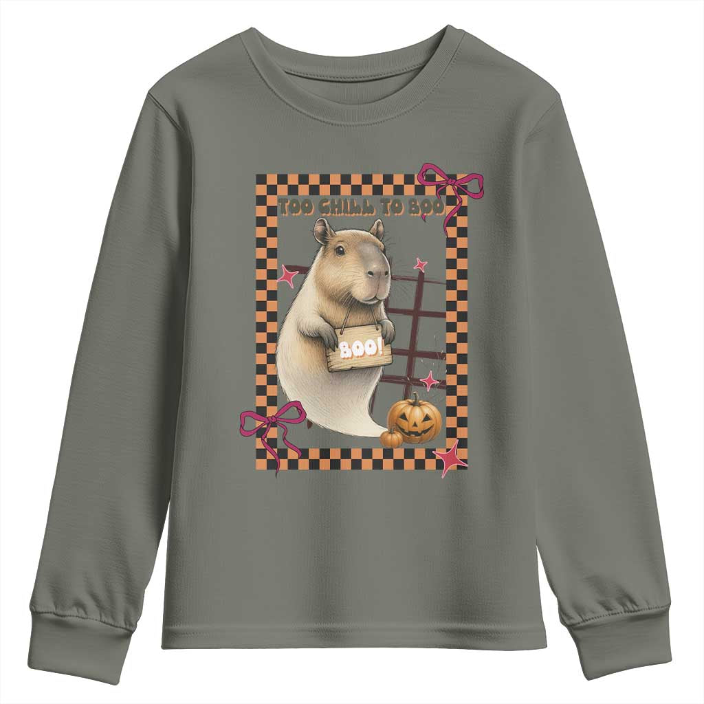 Halloween Capybara Youth Sweatshirt Funny Too Chill To Boo TS12 Military Green Print Your Wear