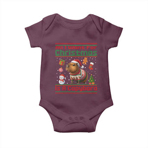 Funny Xmas Baby Onesie All I Want For Christmas Is A Capybara TS12 Maroon Print Your Wear