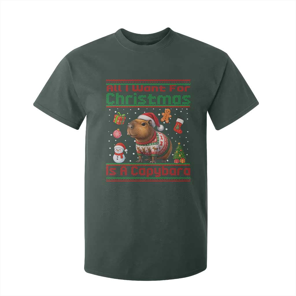 Funny Xmas T Shirt For Kid All I Want For Christmas Is A Capybara TS12 Dark Forest Green Print Your Wear