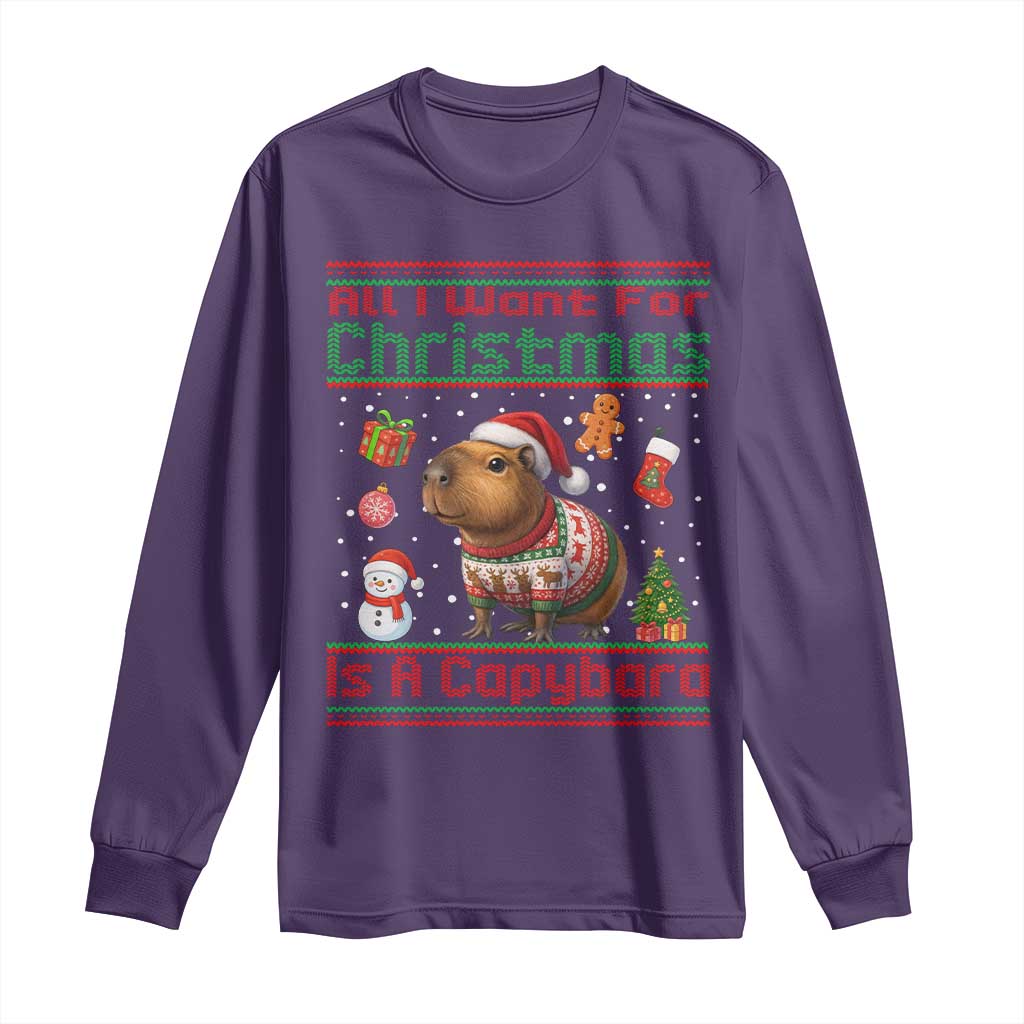 Funny Xmas Long Sleeve Shirt All I Want For Christmas Is A Capybara TS12 Purple Print Your Wear