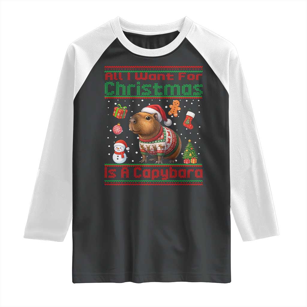 Funny Xmas Raglan Shirt All I Want For Christmas Is A Capybara TS12 Black White Print Your Wear
